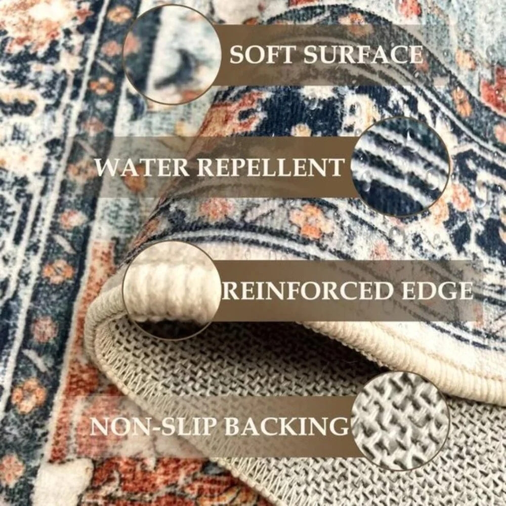 New 5x7 Washable Non-Slip Floral Vintage Rug Medallion Carpet - Beige Navy